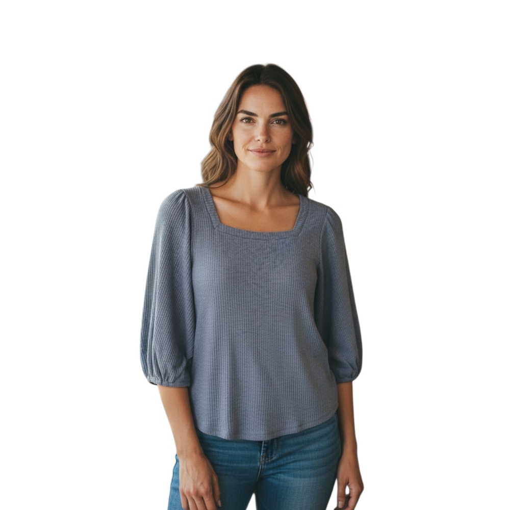 EUC‎ Lauren Conrad Sz. XS Slate Blue Ribbed balloon 1/2 Sleeve Pullover Top